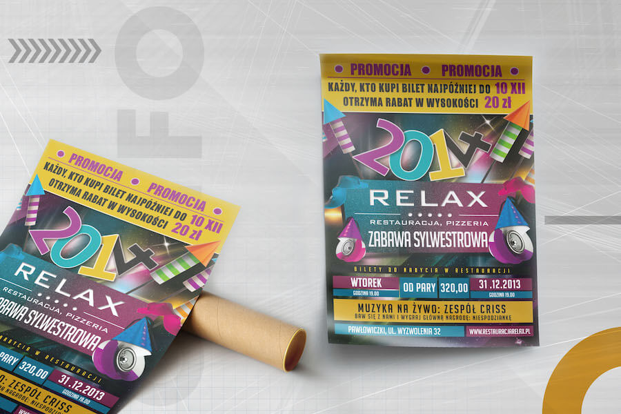 kolorowy plakat informacyjny z ofertą sylwestrową Restauracji Relax